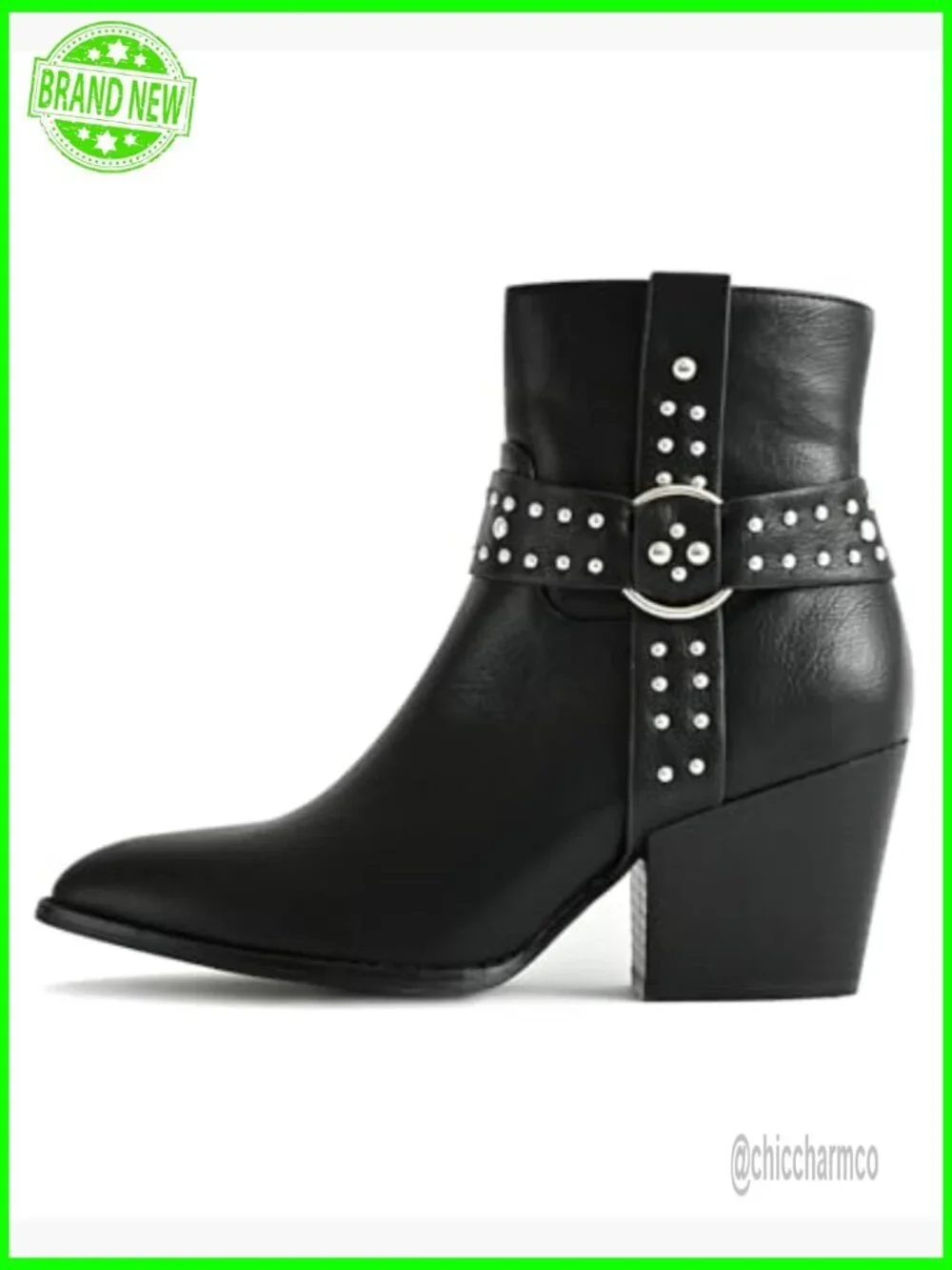 Chunky Stacked Heel Ankle Boots Pointed Toe Chelsea Combat Side Zipper Studded